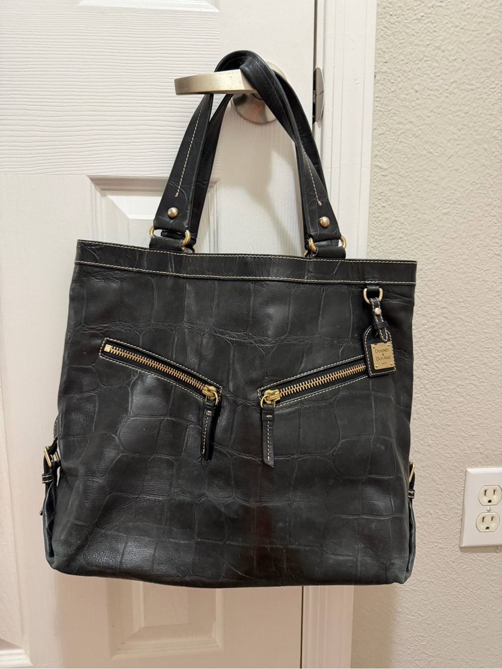 Dooney & Bourke Black Croc-Embossed Tote with Gold Hardware